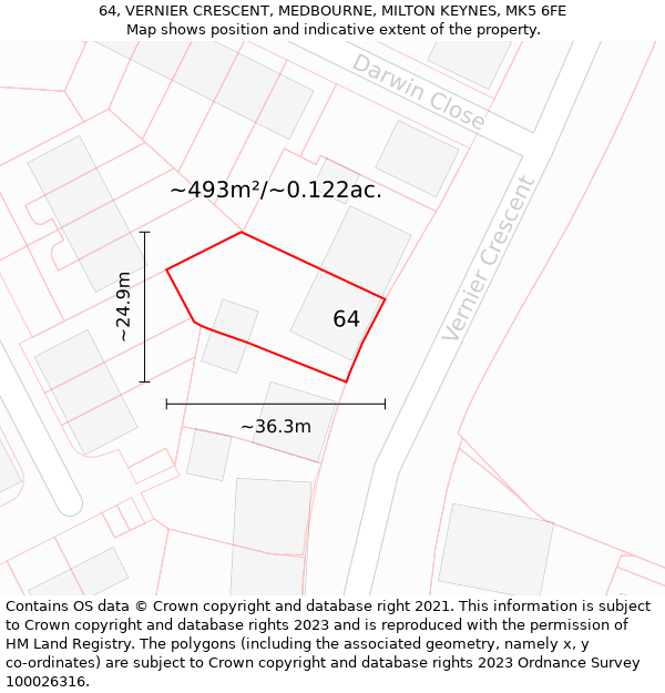 64, VERNIER CRESCENT, MEDBOURNE, MILTON KEYNES, MK5 6FE: Plot and title map