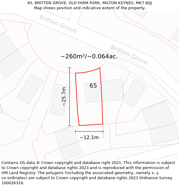 65, BRITTEN GROVE, OLD FARM PARK, MILTON KEYNES, MK7 8QJ: Plot and title map