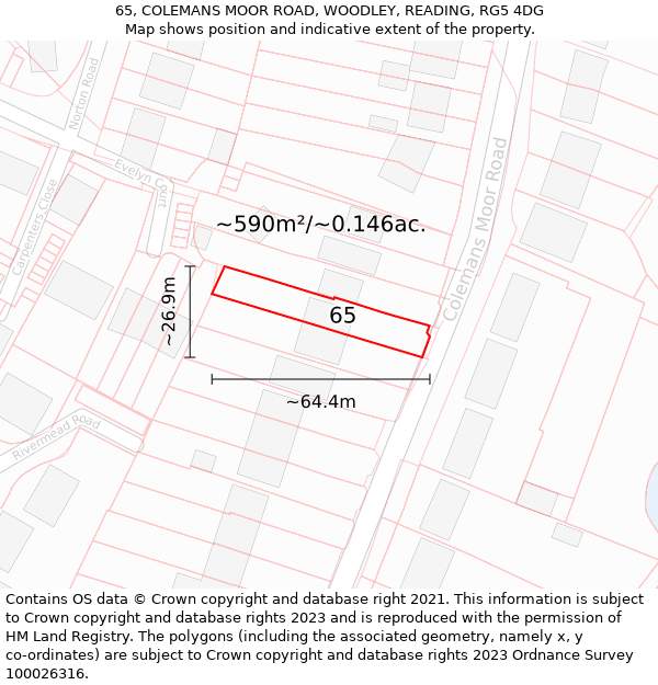 65, COLEMANS MOOR ROAD, WOODLEY, READING, RG5 4DG: Plot and title map