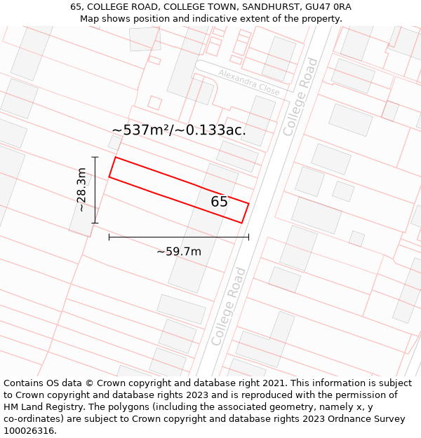 65, COLLEGE ROAD, COLLEGE TOWN, SANDHURST, GU47 0RA: Plot and title map
