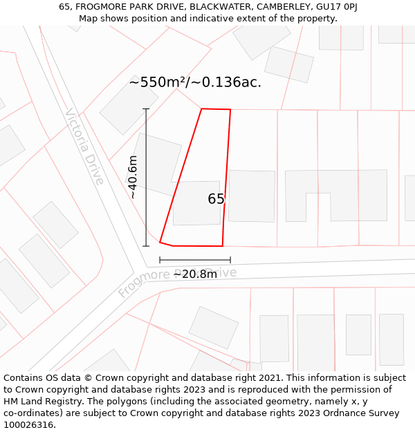 65, FROGMORE PARK DRIVE, BLACKWATER, CAMBERLEY, GU17 0PJ: Plot and title map