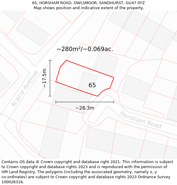 65, HORSHAM ROAD, OWLSMOOR, SANDHURST, GU47 0YZ: Plot and title map