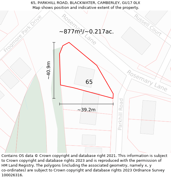 65, PARKHILL ROAD, BLACKWATER, CAMBERLEY, GU17 0LX: Plot and title map