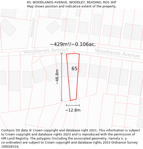 65, WOODLANDS AVENUE, WOODLEY, READING, RG5 3HF: Plot and title map