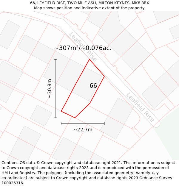 66, LEAFIELD RISE, TWO MILE ASH, MILTON KEYNES, MK8 8BX: Plot and title map