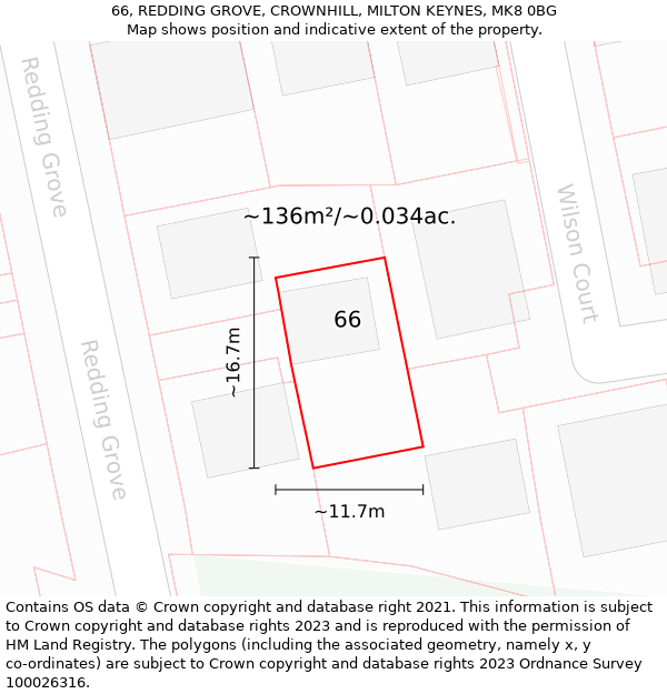 66, REDDING GROVE, CROWNHILL, MILTON KEYNES, MK8 0BG: Plot and title map