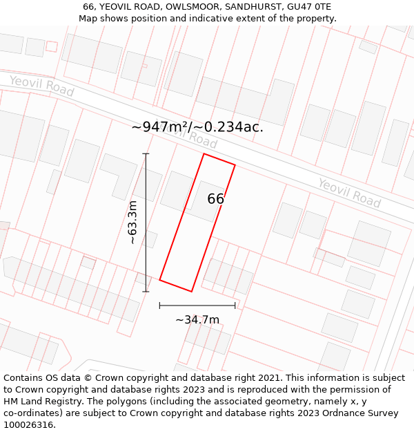 66, YEOVIL ROAD, OWLSMOOR, SANDHURST, GU47 0TE: Plot and title map