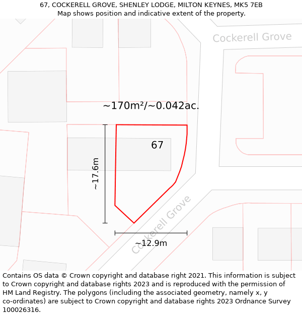 67, COCKERELL GROVE, SHENLEY LODGE, MILTON KEYNES, MK5 7EB: Plot and title map