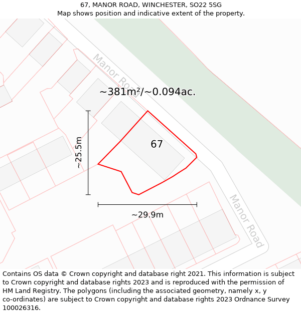 67, MANOR ROAD, WINCHESTER, SO22 5SG: Plot and title map