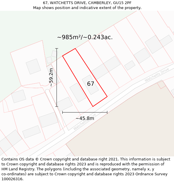 67, WATCHETTS DRIVE, CAMBERLEY, GU15 2PF: Plot and title map