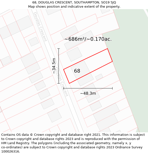 68, DOUGLAS CRESCENT, SOUTHAMPTON, SO19 5JQ: Plot and title map