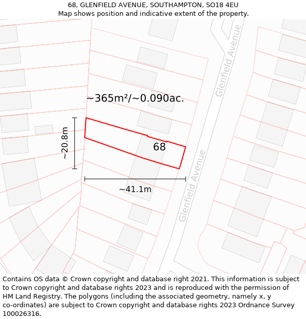 68, GLENFIELD AVENUE, SOUTHAMPTON, SO18 4EU: Plot and title map