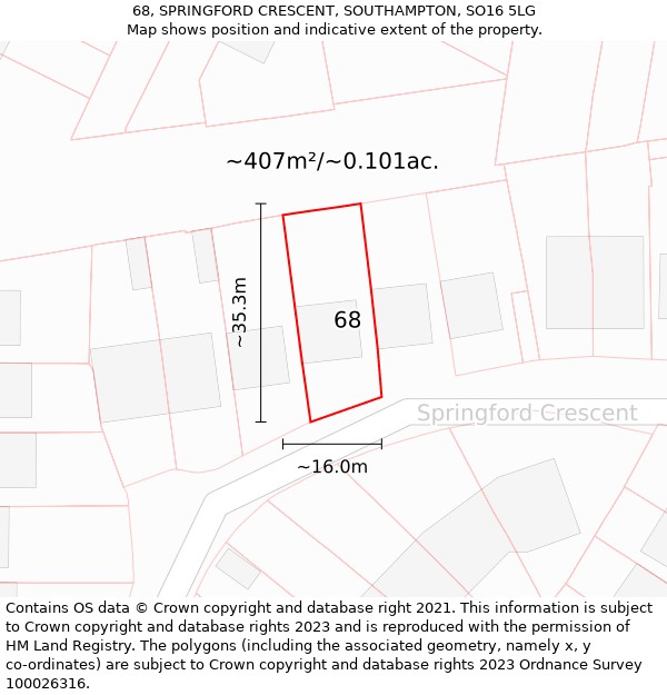 68, SPRINGFORD CRESCENT, SOUTHAMPTON, SO16 5LG: Plot and title map