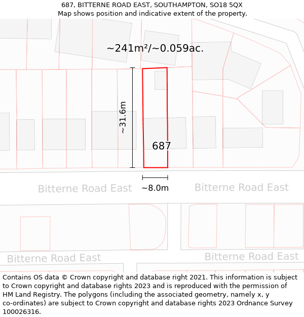 687, BITTERNE ROAD EAST, SOUTHAMPTON, SO18 5QX: Plot and title map