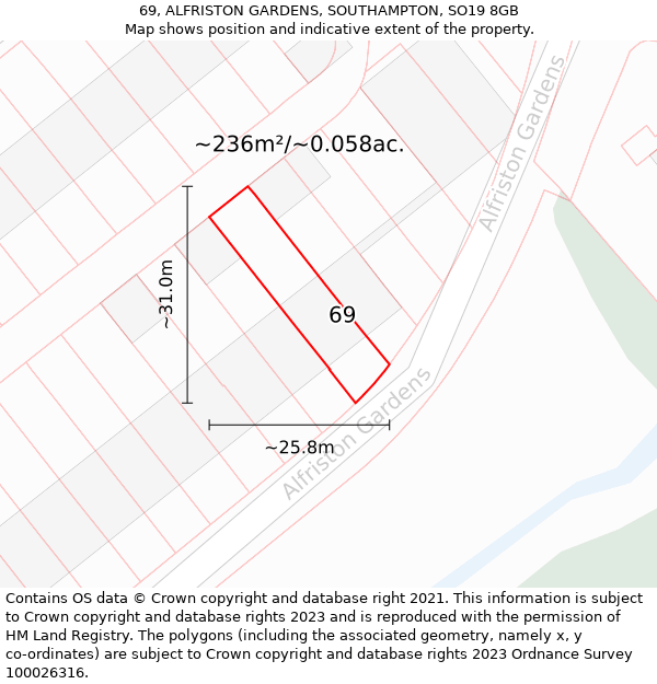 69, ALFRISTON GARDENS, SOUTHAMPTON, SO19 8GB: Plot and title map