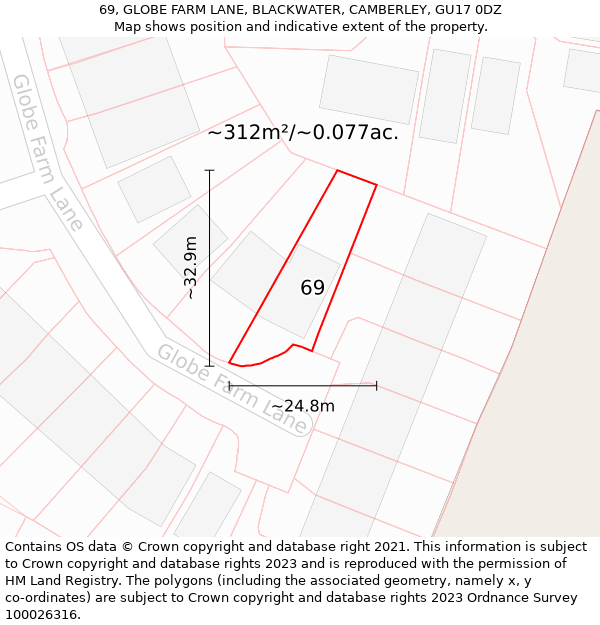 69, GLOBE FARM LANE, BLACKWATER, CAMBERLEY, GU17 0DZ: Plot and title map