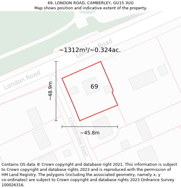 69, LONDON ROAD, CAMBERLEY, GU15 3UG: Plot and title map