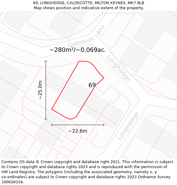 69, LONGHEDGE, CALDECOTTE, MILTON KEYNES, MK7 8LB: Plot and title map