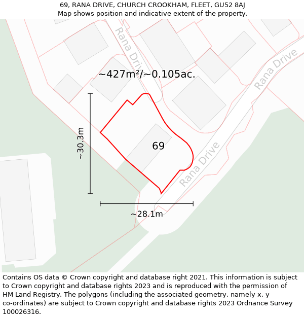 69, RANA DRIVE, CHURCH CROOKHAM, FLEET, GU52 8AJ: Plot and title map