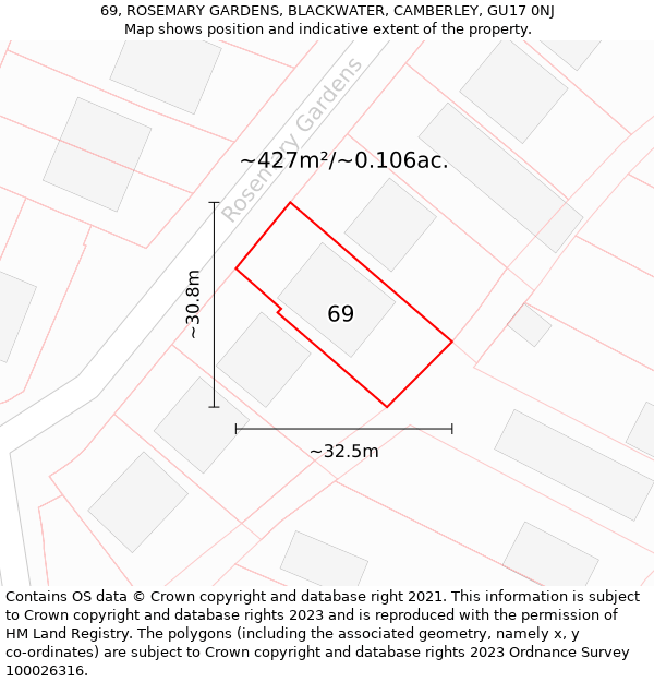 69, ROSEMARY GARDENS, BLACKWATER, CAMBERLEY, GU17 0NJ: Plot and title map