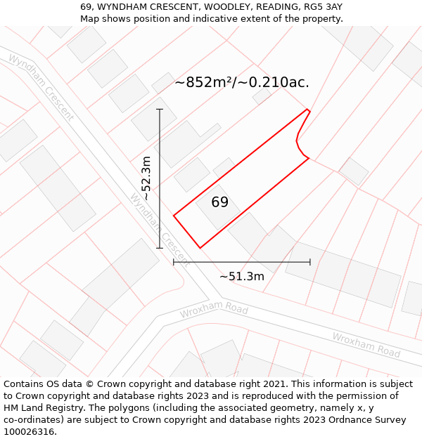 69, WYNDHAM CRESCENT, WOODLEY, READING, RG5 3AY: Plot and title map