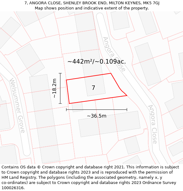 7, ANGORA CLOSE, SHENLEY BROOK END, MILTON KEYNES, MK5 7GJ: Plot and title map