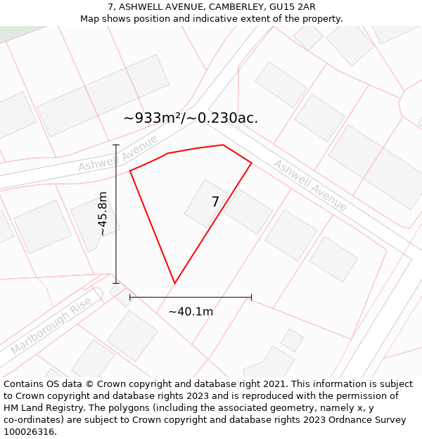 7, ASHWELL AVENUE, CAMBERLEY, GU15 2AR: Plot and title map