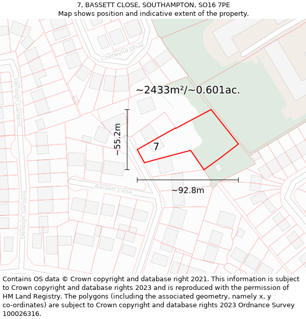 7, BASSETT CLOSE, SOUTHAMPTON, SO16 7PE: Plot and title map