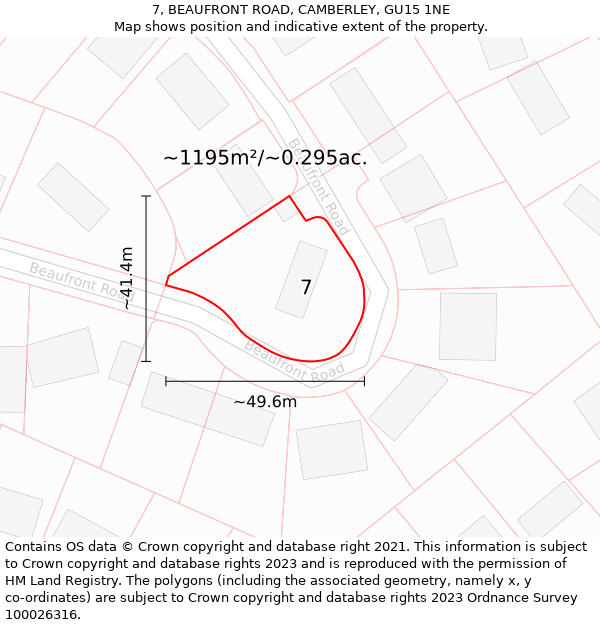 7, BEAUFRONT ROAD, CAMBERLEY, GU15 1NE: Plot and title map