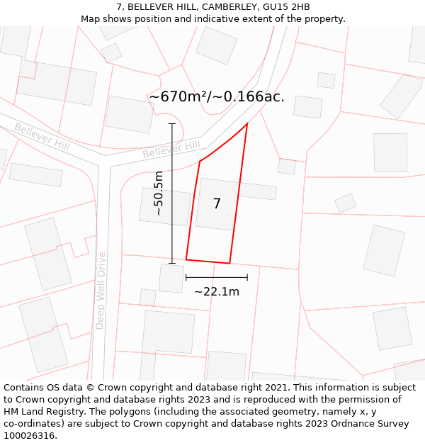 7, BELLEVER HILL, CAMBERLEY, GU15 2HB: Plot and title map