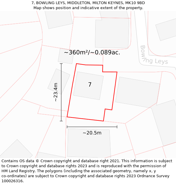 7, BOWLING LEYS, MIDDLETON, MILTON KEYNES, MK10 9BD: Plot and title map