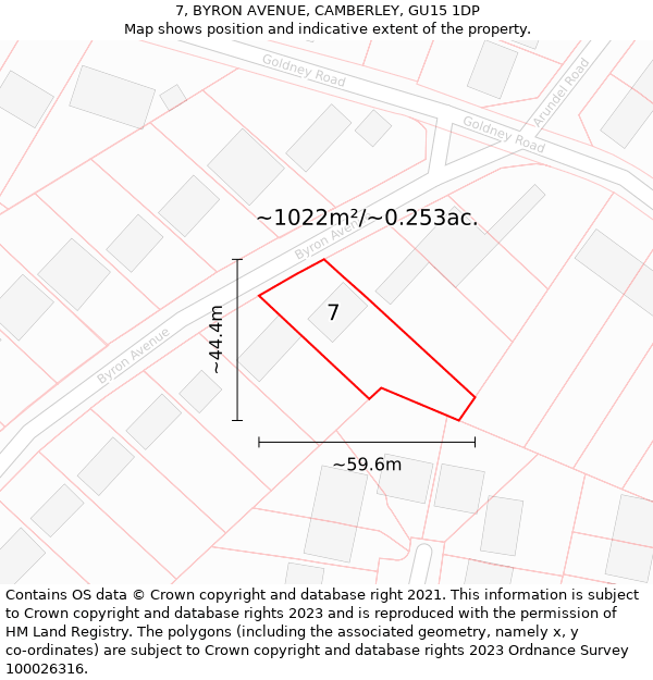 7, BYRON AVENUE, CAMBERLEY, GU15 1DP: Plot and title map