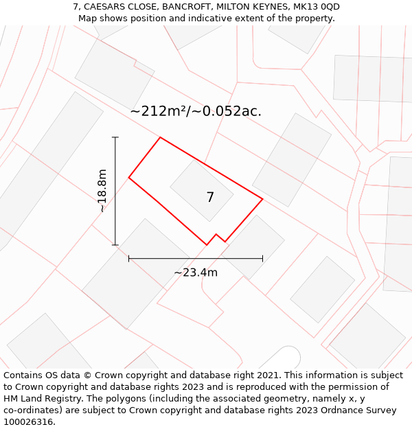 7, CAESARS CLOSE, BANCROFT, MILTON KEYNES, MK13 0QD: Plot and title map