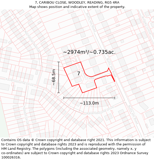 7, CARIBOU CLOSE, WOODLEY, READING, RG5 4RA: Plot and title map