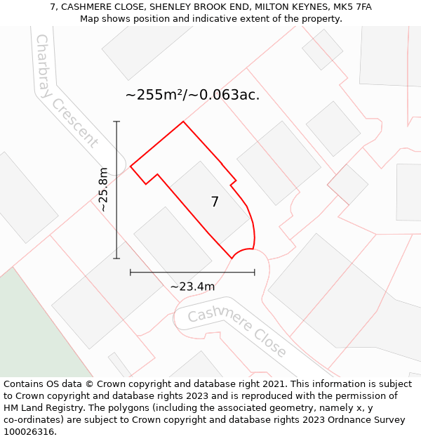 7, CASHMERE CLOSE, SHENLEY BROOK END, MILTON KEYNES, MK5 7FA: Plot and title map