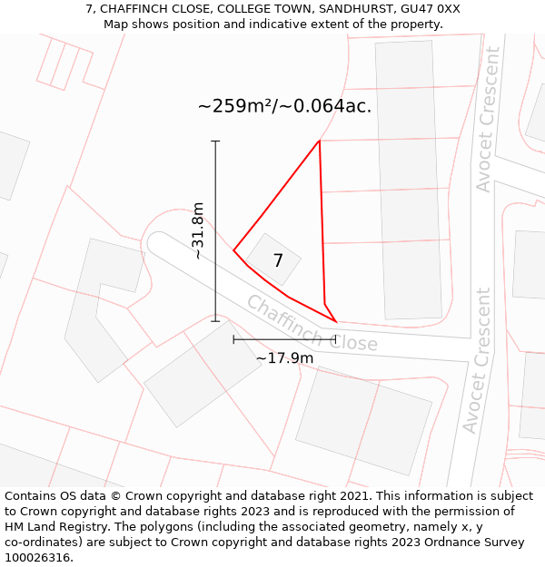 7, CHAFFINCH CLOSE, COLLEGE TOWN, SANDHURST, GU47 0XX: Plot and title map