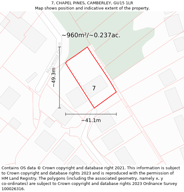 7, CHAPEL PINES, CAMBERLEY, GU15 1LR: Plot and title map