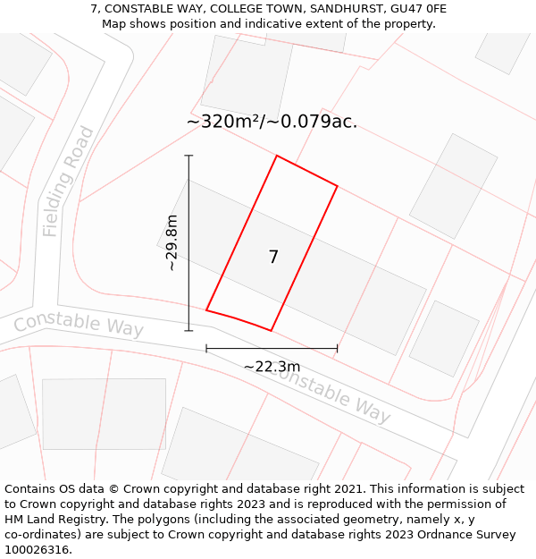 7, CONSTABLE WAY, COLLEGE TOWN, SANDHURST, GU47 0FE: Plot and title map