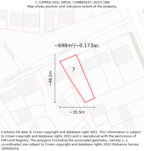 7, COPPED HALL DRIVE, CAMBERLEY, GU15 1NN: Plot and title map