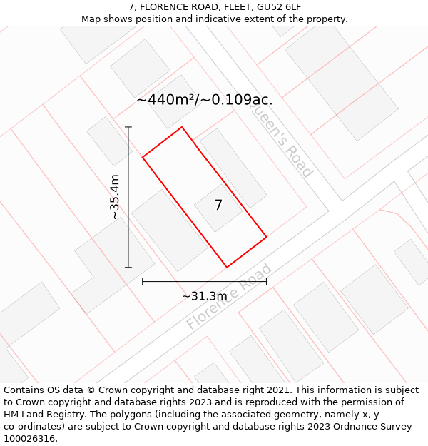 7, FLORENCE ROAD, FLEET, GU52 6LF: Plot and title map