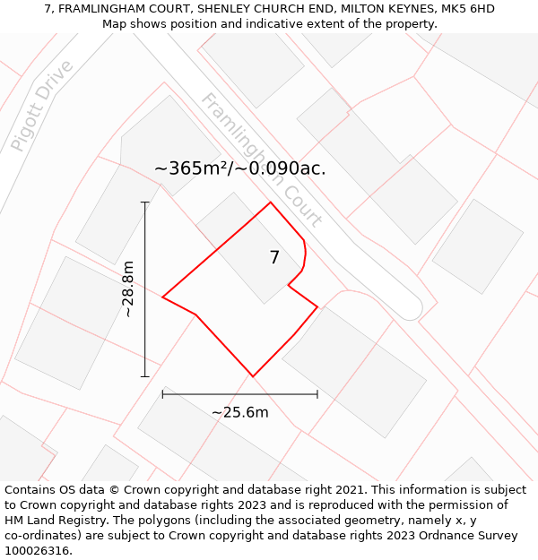 7, FRAMLINGHAM COURT, SHENLEY CHURCH END, MILTON KEYNES, MK5 6HD: Plot and title map