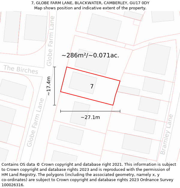 7, GLOBE FARM LANE, BLACKWATER, CAMBERLEY, GU17 0DY: Plot and title map