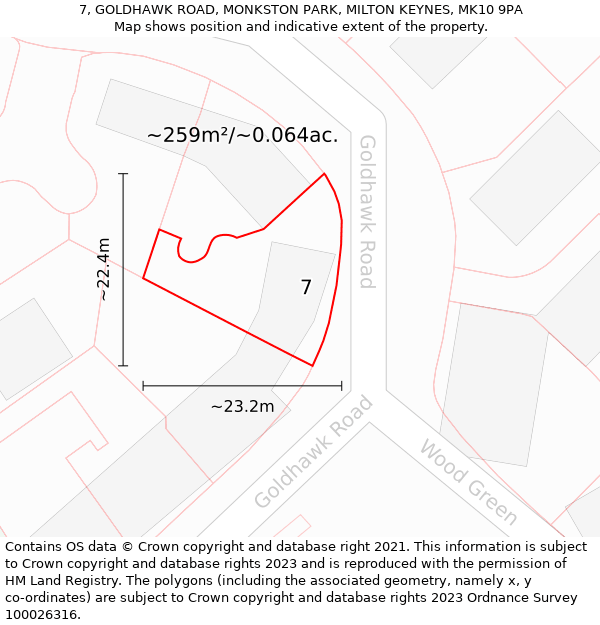 7, GOLDHAWK ROAD, MONKSTON PARK, MILTON KEYNES, MK10 9PA: Plot and title map