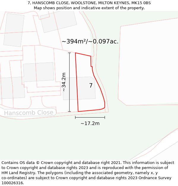 7, HANSCOMB CLOSE, WOOLSTONE, MILTON KEYNES, MK15 0BS: Plot and title map