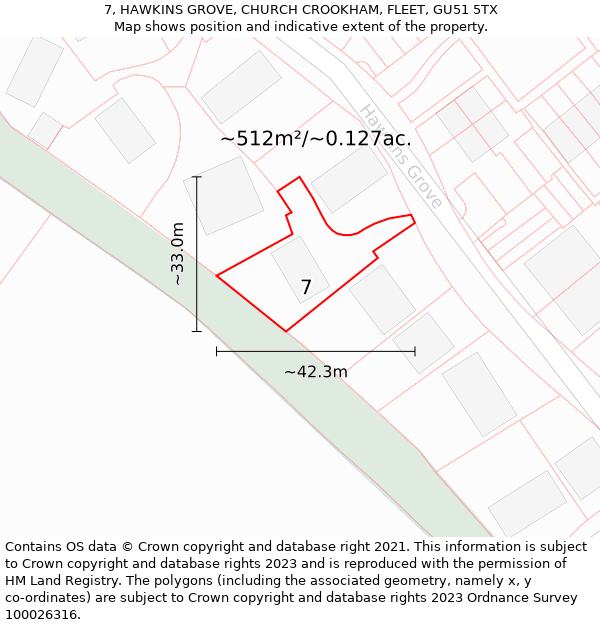 7, HAWKINS GROVE, CHURCH CROOKHAM, FLEET, GU51 5TX: Plot and title map