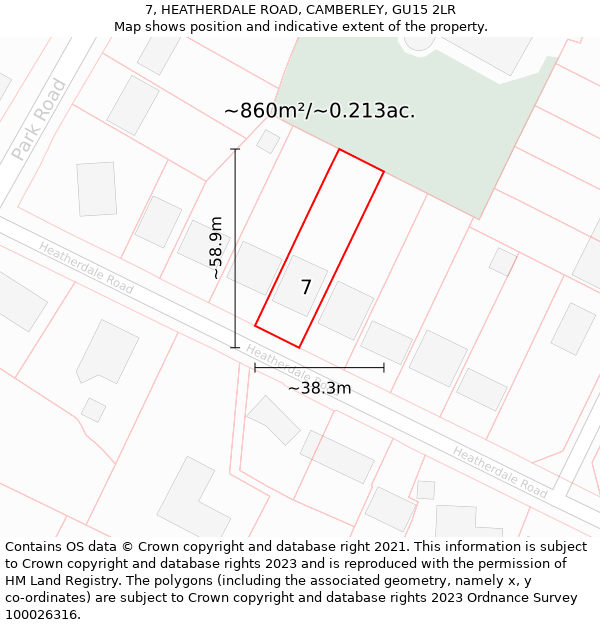 7, HEATHERDALE ROAD, CAMBERLEY, GU15 2LR: Plot and title map