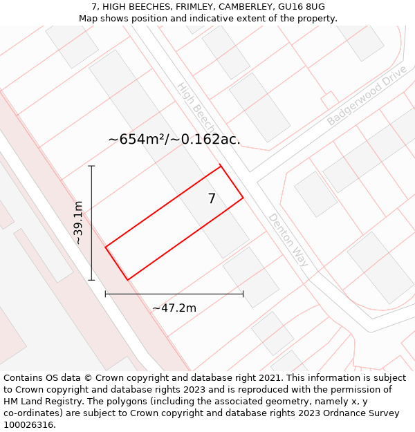 7, HIGH BEECHES, FRIMLEY, CAMBERLEY, GU16 8UG: Plot and title map