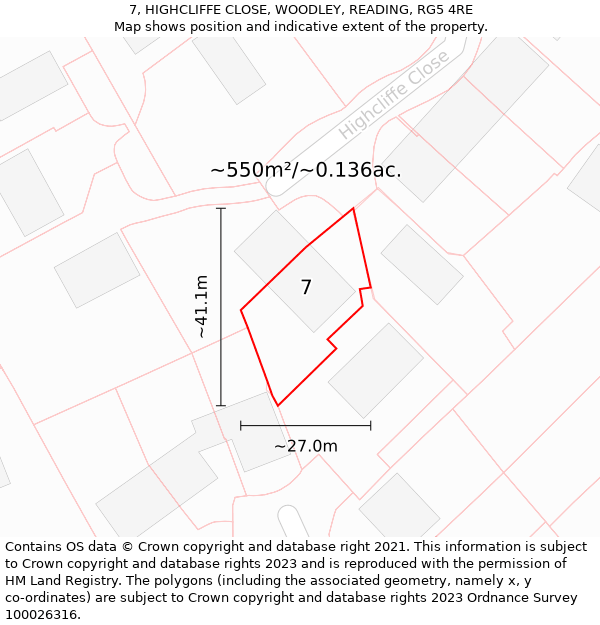 7, HIGHCLIFFE CLOSE, WOODLEY, READING, RG5 4RE: Plot and title map