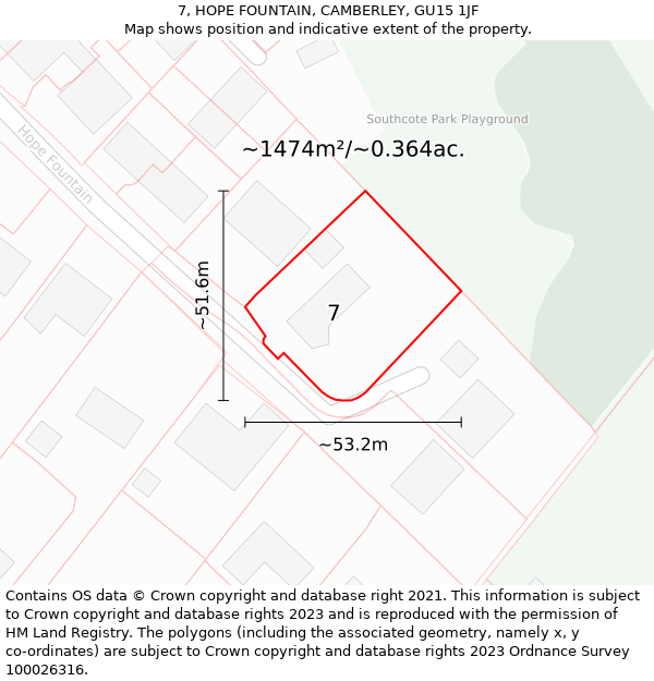 7, HOPE FOUNTAIN, CAMBERLEY, GU15 1JF: Plot and title map