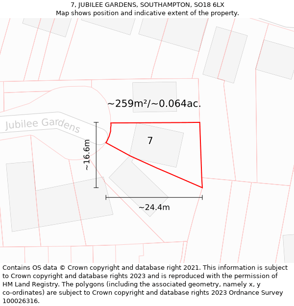 7, JUBILEE GARDENS, SOUTHAMPTON, SO18 6LX: Plot and title map